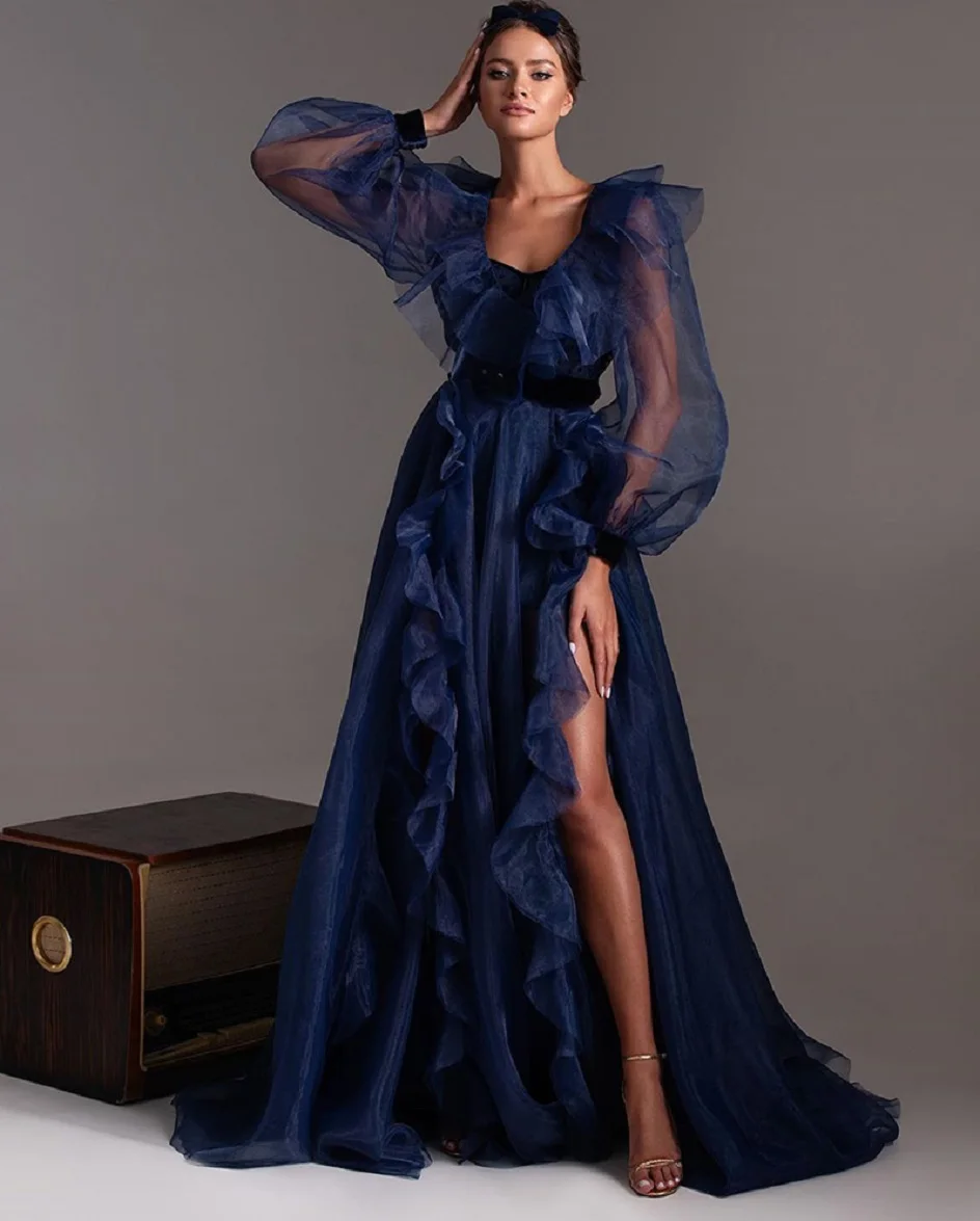 

Elegant Navy Blue Tulle Evening Dresses Long Puff Sleeves V Neck Ruffles High Slit Prom Gowns With Sash 2024 Garment Plus Size