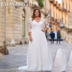 EVON BRIDAL Elegant Plus Size A-Line Wedding Dress Double V-Neck Backless 3/4 Sleeves Chiffon Bridal Gown Sweep Train Customized