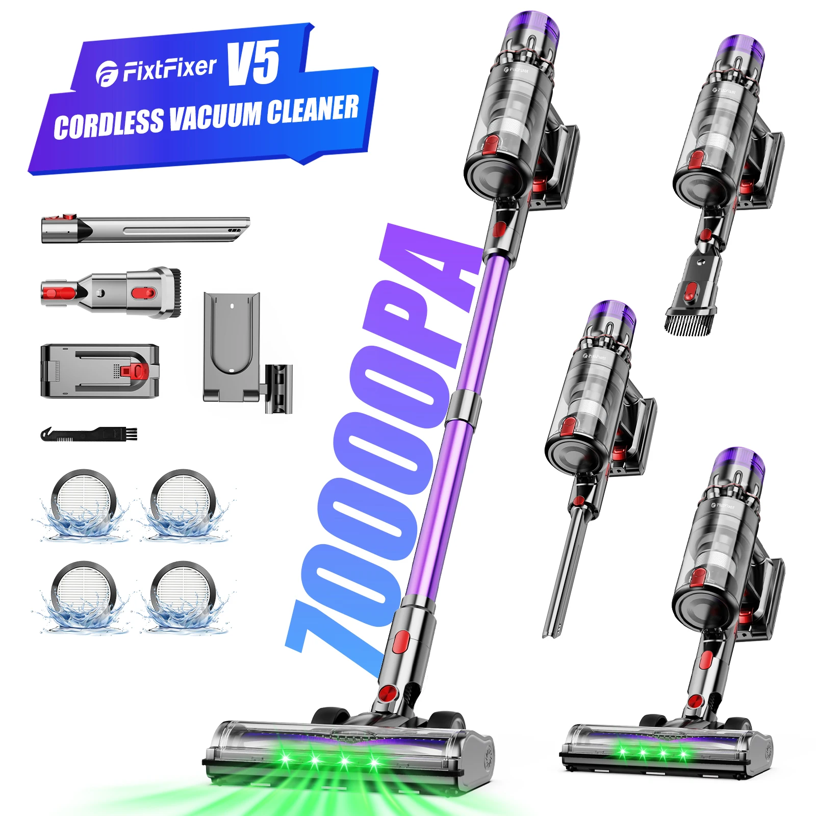 Aspirateur sans fil, 70Kpa/500W, aspirateur vertical 60 minutes d'autonomie, aspirateur vertical avec filtre HEPA, aspirateur à main
