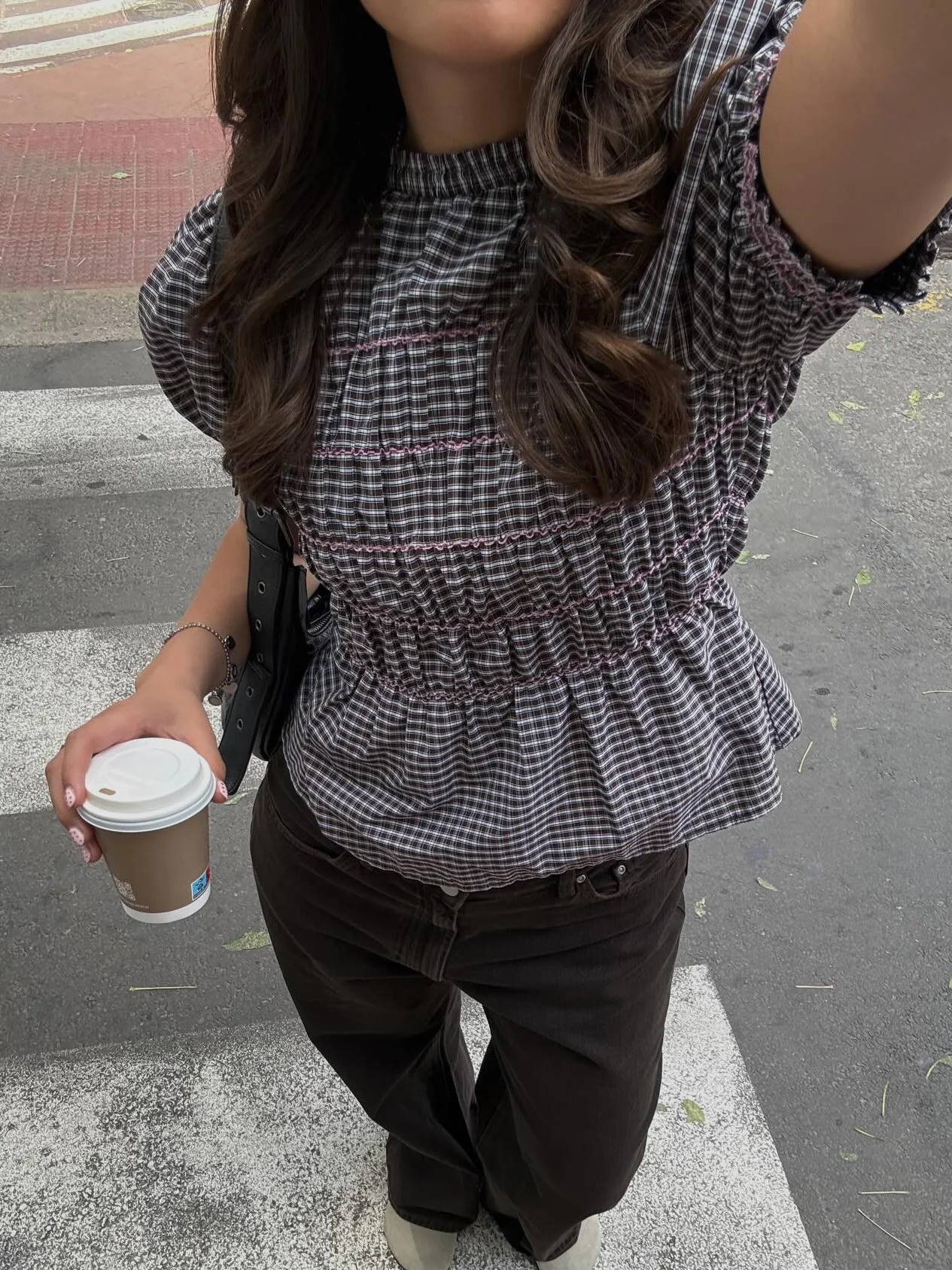 Women Sweet Plaid Top Casual Loose Smocked Checked Shirts Fashion O Neck Puff Sleeve Blouse Elegant Ruched Holiday Outfits