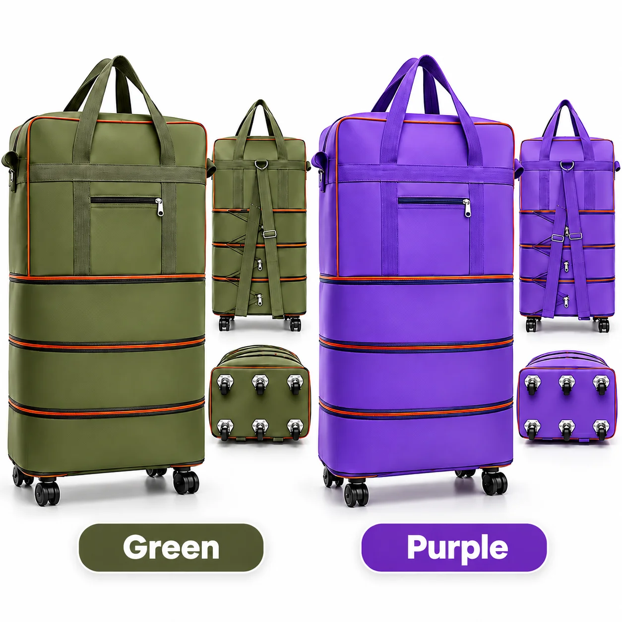 6-Wheel Rolling Travel Bag, Weekend Overnight Bag, 70LB Max Load, Fits in Car Trunk, Outdoor Camping Bag, Airline Travel Bag, Foldable And Expandable, Hand Pull And Shoulder Crossbody Carry, for Travel, Camping, School, Grocery Shopping