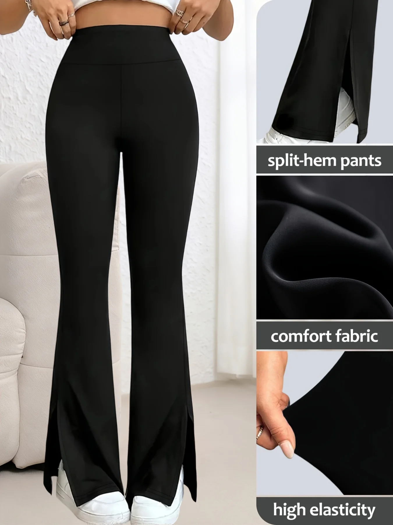 A Pair Of Women's Leggings, Thin For Summer, With Split Hem Design And High Waist Elasticity, Suitable For Sports Yoga