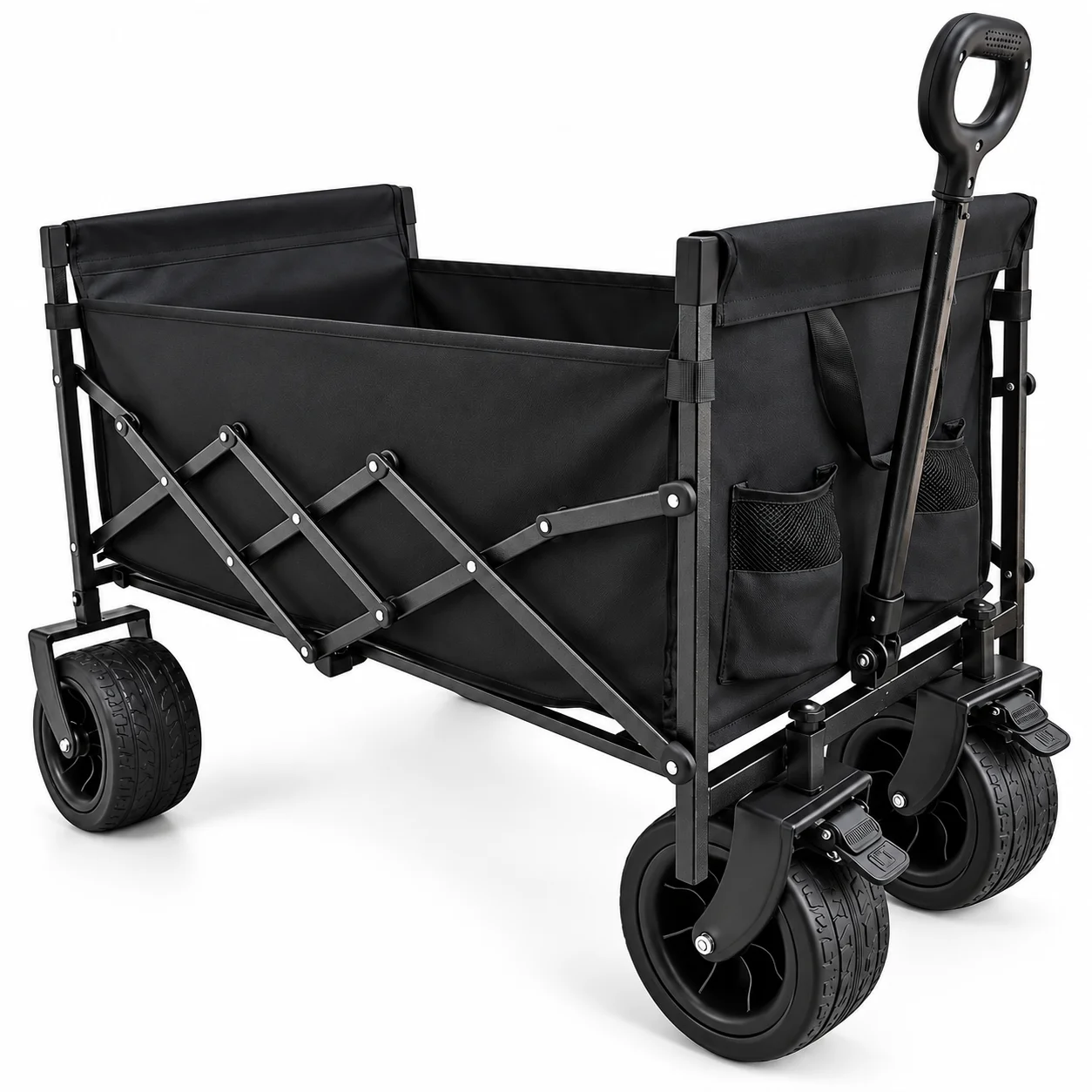Heavy Duty Folding Wagon Cart with Large Capacity Collapsible Utility with All Terrain Wheels Adjustable Handle Side Pockets for Camping Shopping Beach Garden Sports Picnic