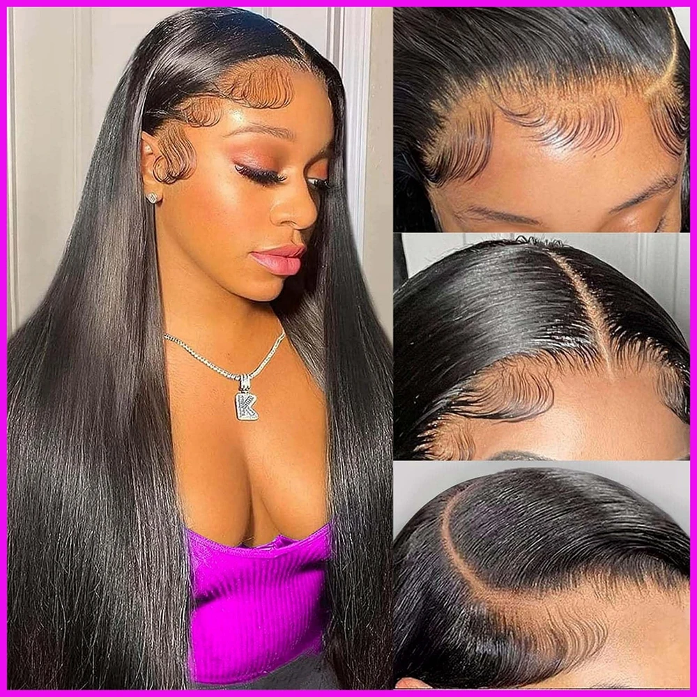 Parrucche con fronte in pizzo trasparente 13X4, lisce, per donna, con capelli umani pre-pizzicati e baby hair, colore naturale, 20, 22, 24, 26, 30 pollici