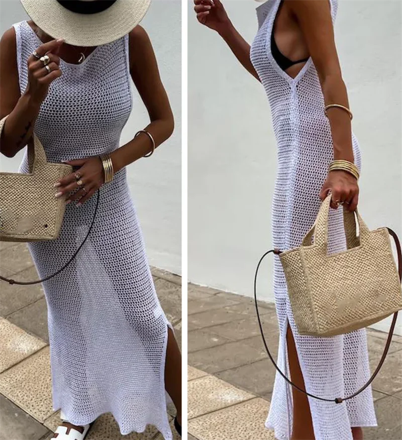 Women Sleeveless Side Slit Long Bandage Dress Sexy Crochet Bikini Cover-Up Beach Knit Swimsuit Female Swimwear Beachwear Outfits