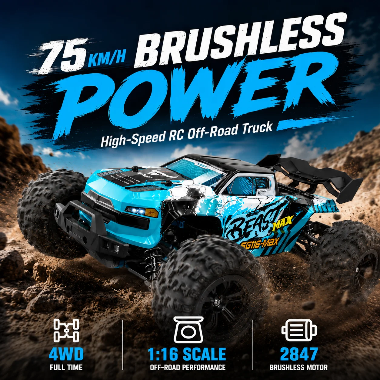 Sg116-Max Bürstenloser RC-Wagen 75Km/h 4WD Offroad 1:16 Maßstab 2,4G 300m Reichweite IPX4 Wasserdicht Metallchassis LED-Licht RC-Spielzeugauto