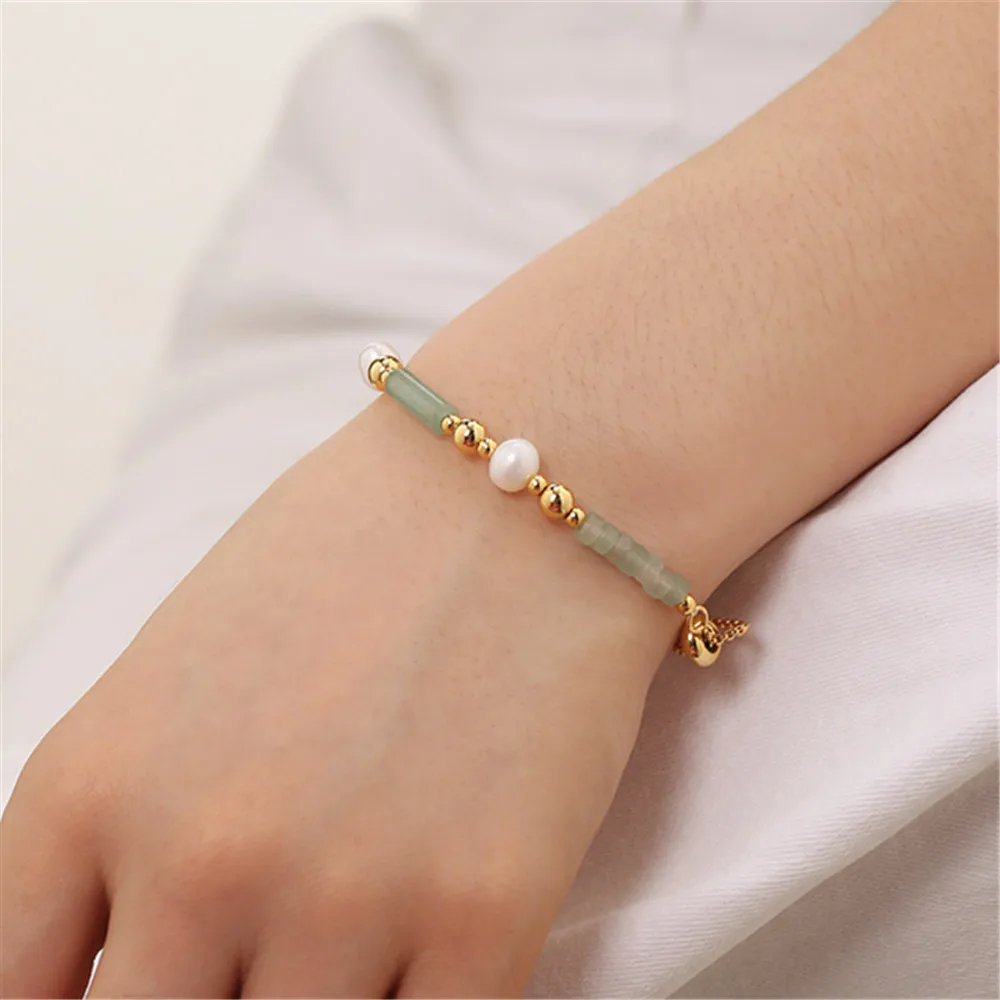 Adjustable Natural Pearl Women Bracelet Brass 18K Gold Plated Natural Green Stone Stitching Trendy Gentle Ladies Jewelry Gift