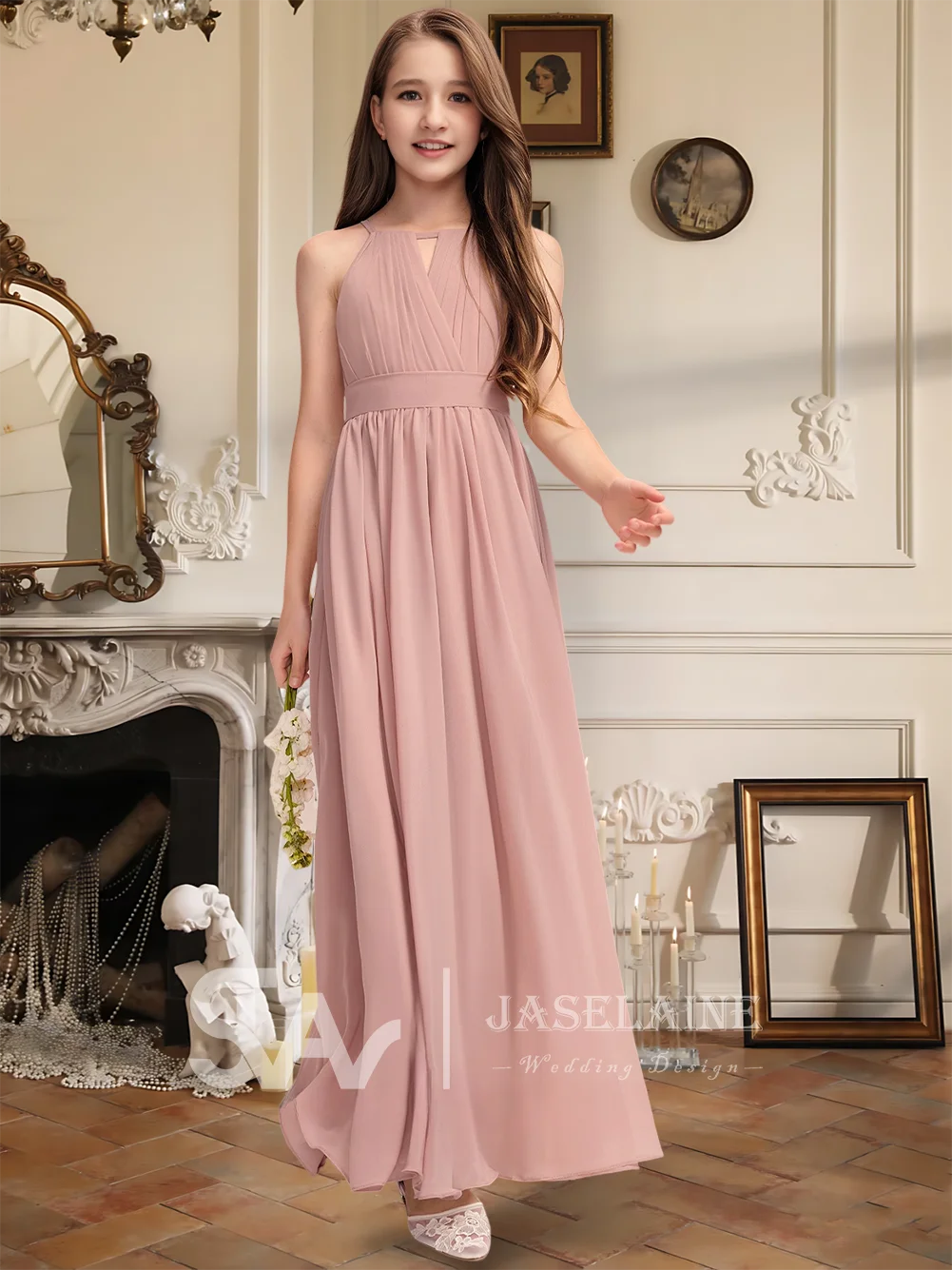 エレガントな A ライン ホルター マキシレングス シフォン ジュニア ブライズメイド ドレス リボン プリーツ フラワー ガール ドレス ガールズ パーティー ウェディング フォーマル