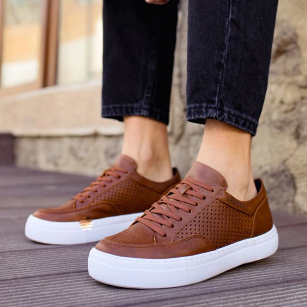 FOH Store Sneakers for Men Women TAN Artificial Leather 2023 Spring Autumn Casual Lace Up Fashion Shoes High Base Sport Comfortable Light Vulcanized Daily Original Canvas Odorless Orthopedic Suits Office Wedding 015