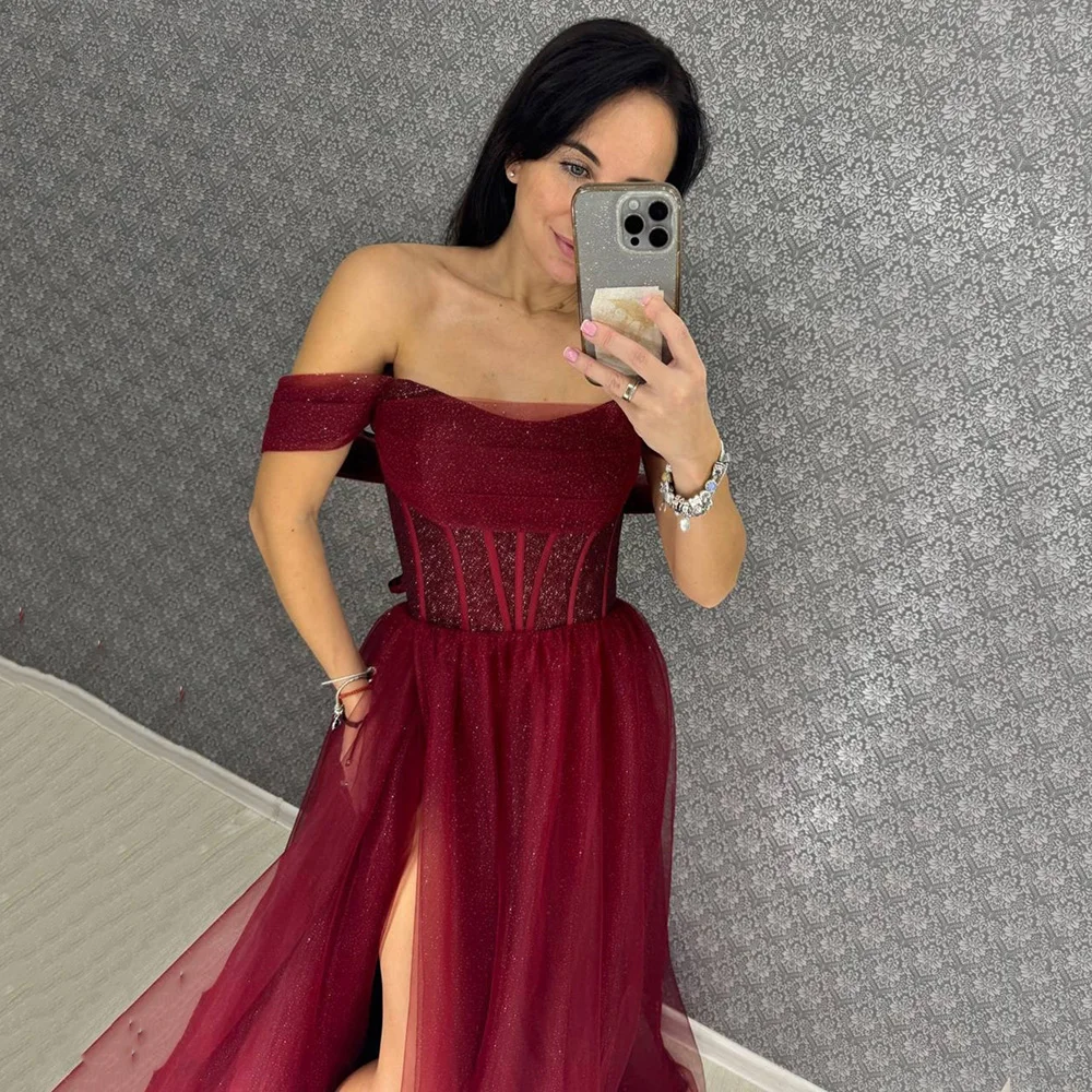 

Galarity Customized Burgundy Evening Dresses Off Shoulder Corset Tulle A Line Party Gown High Slit Glitter Women's Prom Dress