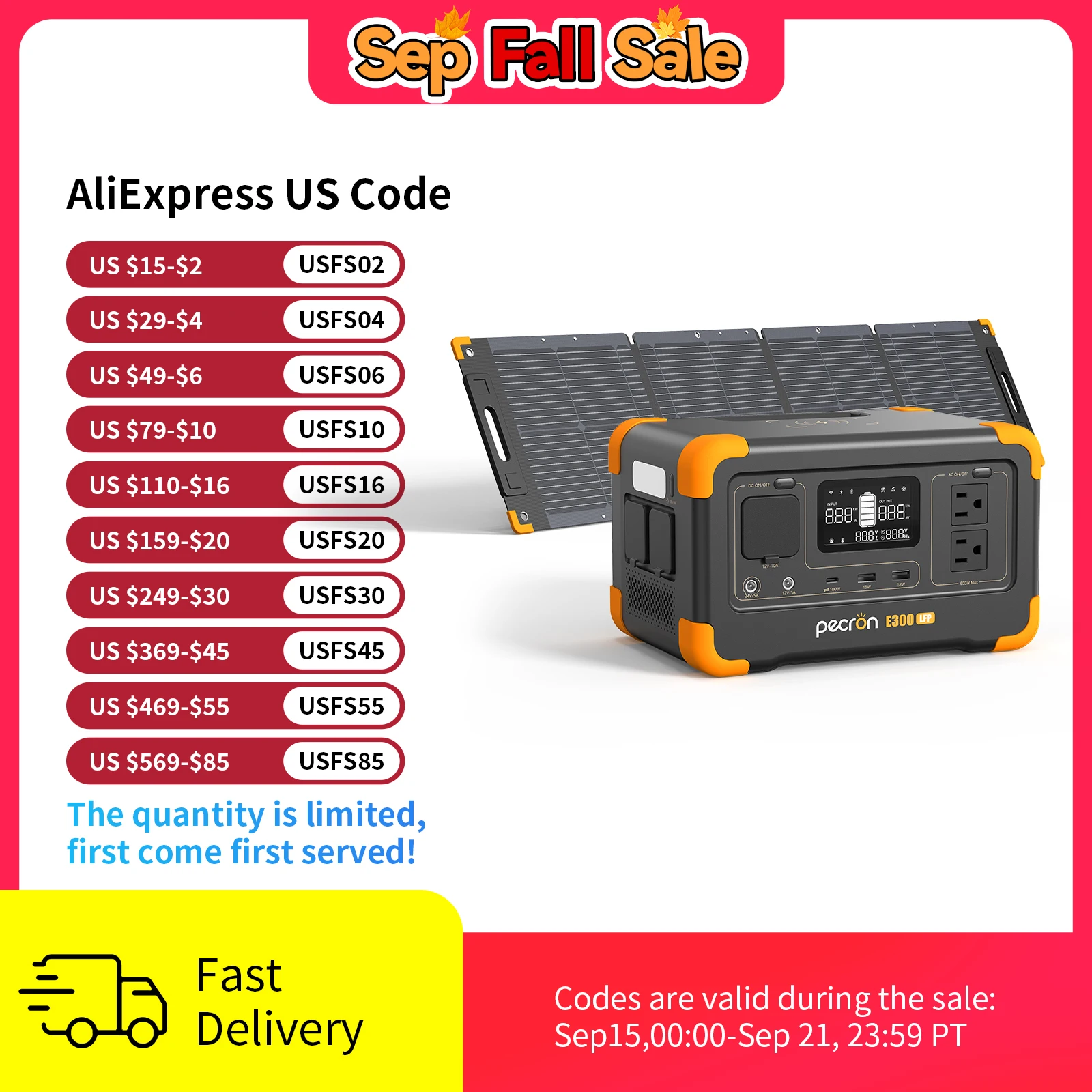 

Pecron E300LFP Portable Power Station with 100W Portable Solar Panel(Included) Pure Sine Wave 288Wh 600W Solar Generator Camping