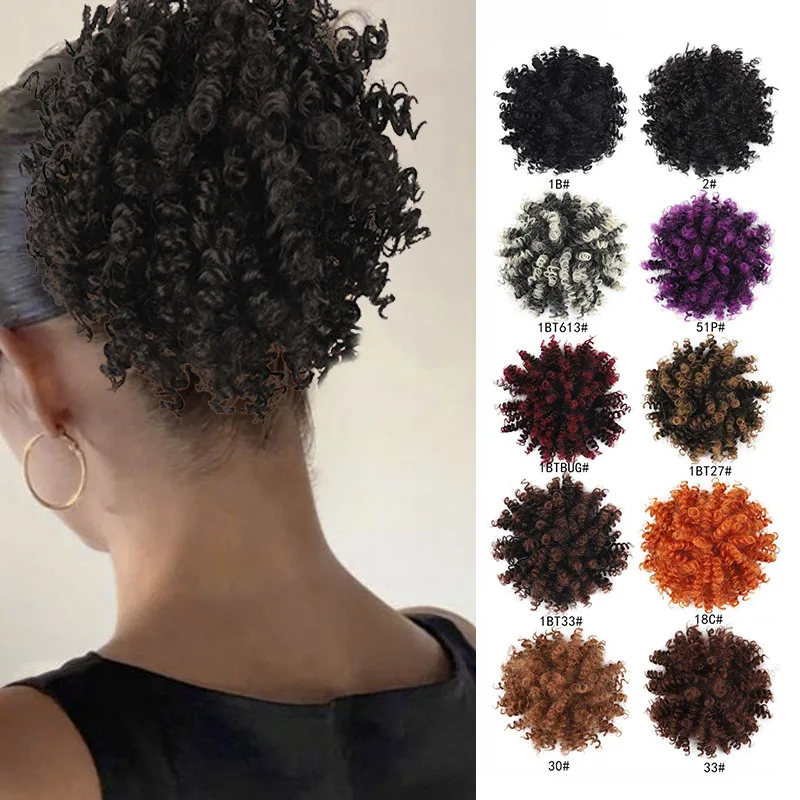 

Afro Puff Drawstring Synthetic Ponytail Short Kinky Curly Hair Extensions Chignon Hairpieces Updo Hair Bun with Two Clips