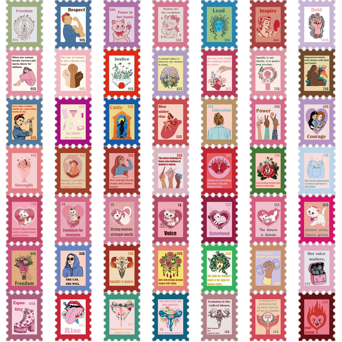 50 pezzi di cartoni animati francobolli femministi adesivi graffiti chitarra decorativa custodia per telefono fai da te adesivi impermeabili per laptop giocattolo