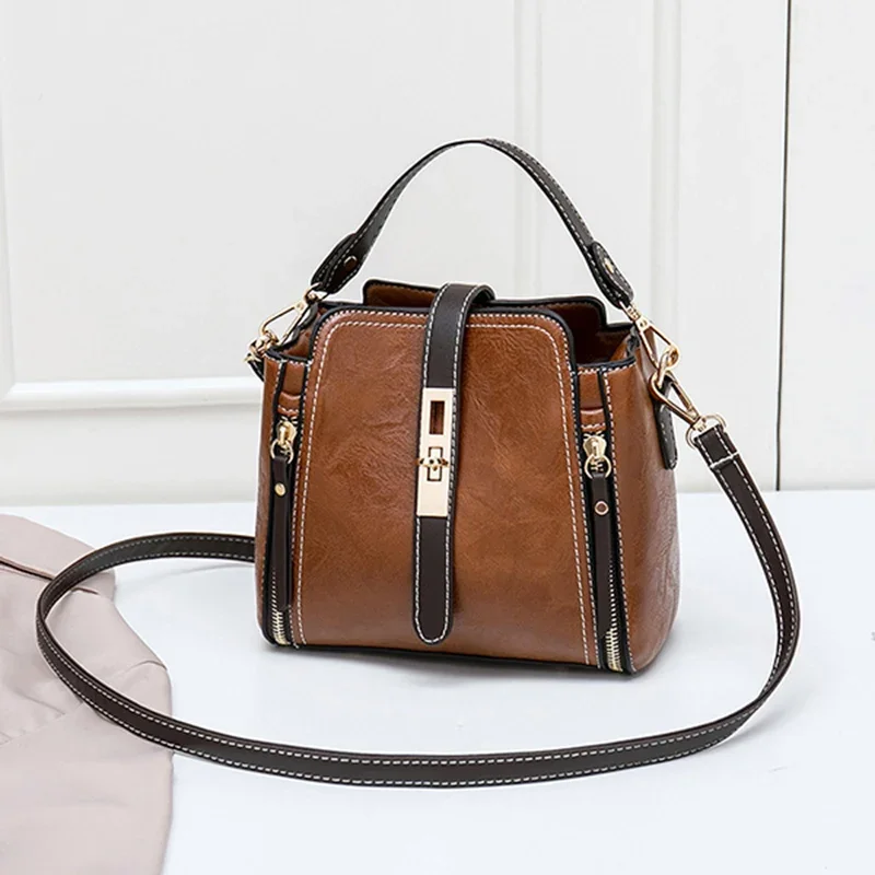 New Arrival PU Leather Bucket Shoulder Bags for Women Solid Color Crossbody Small Handbag Zipper Phone Purse Messenger Bag Pouch — zdjęcie 2