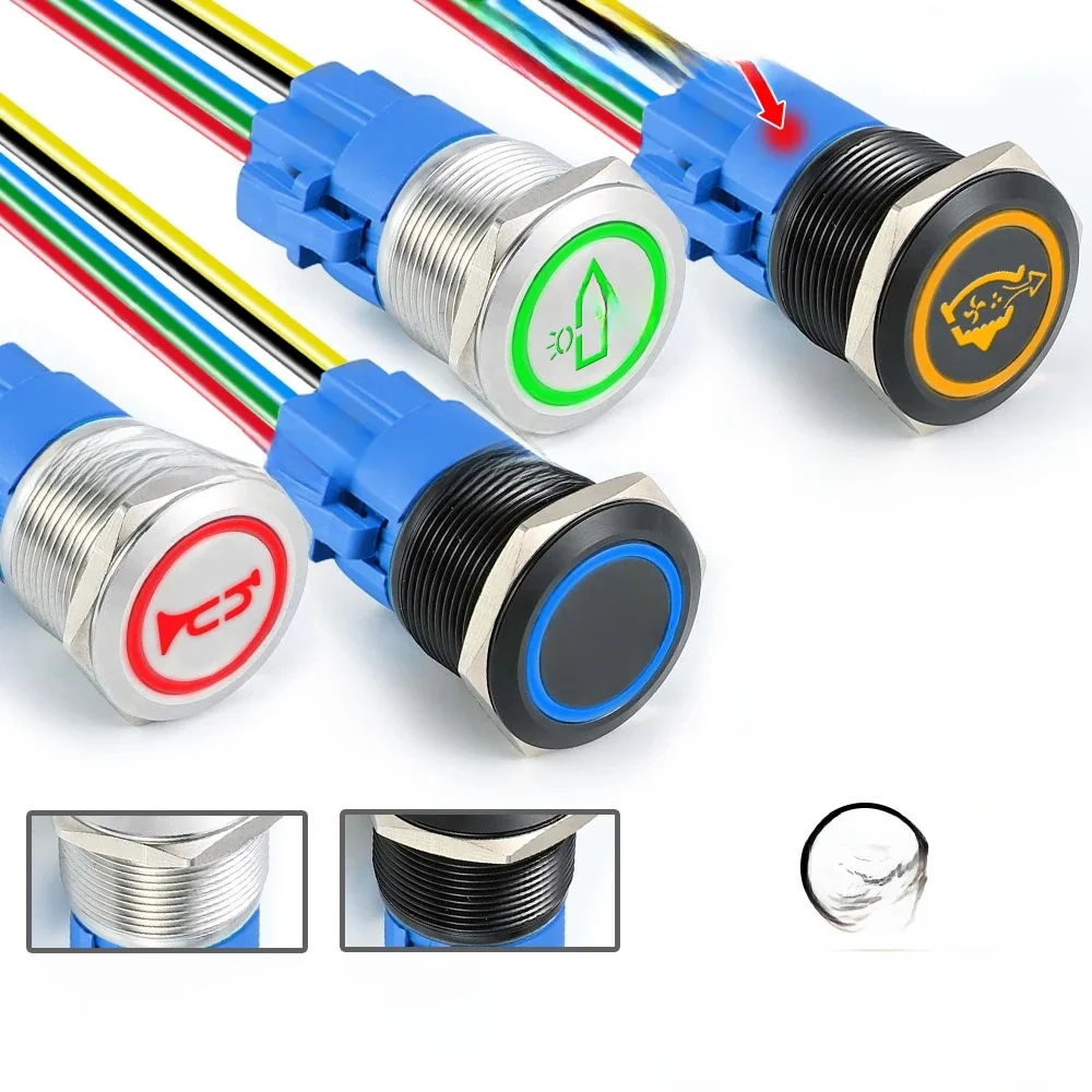 Interrupteur à bouton - poussoir en métal personnalisé 16 / 19 / 22mm avec prise étanche corne LED Lumière Auto - Réinitialisation / auto - verrouillage pour bateau à moteur 12V