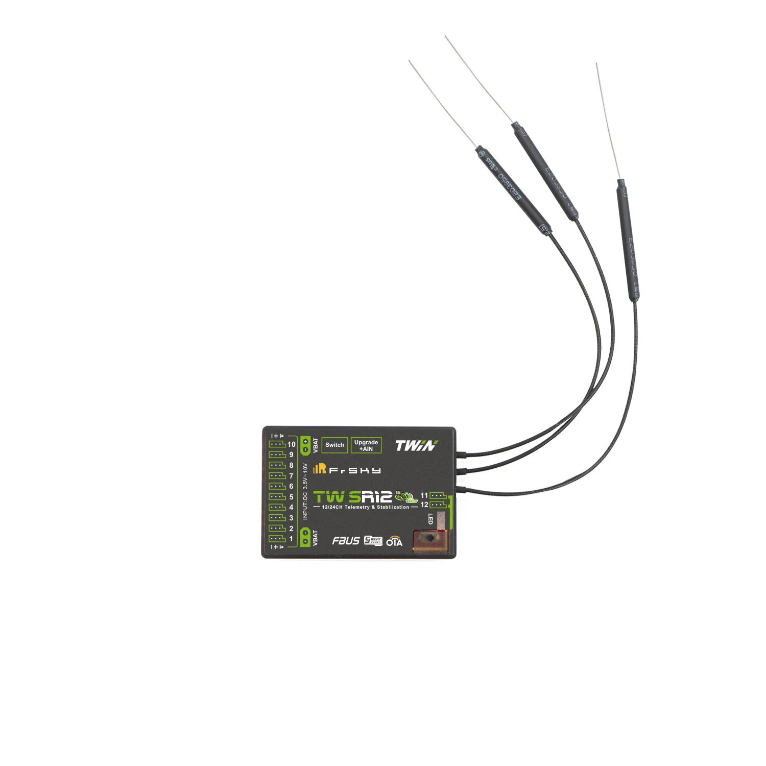 

FrSky TW SR12 2.4GHz RC Receiver with Dual Active 2.4G TW Protocol, 12 Configurable Channel Ports long-range RC receiver