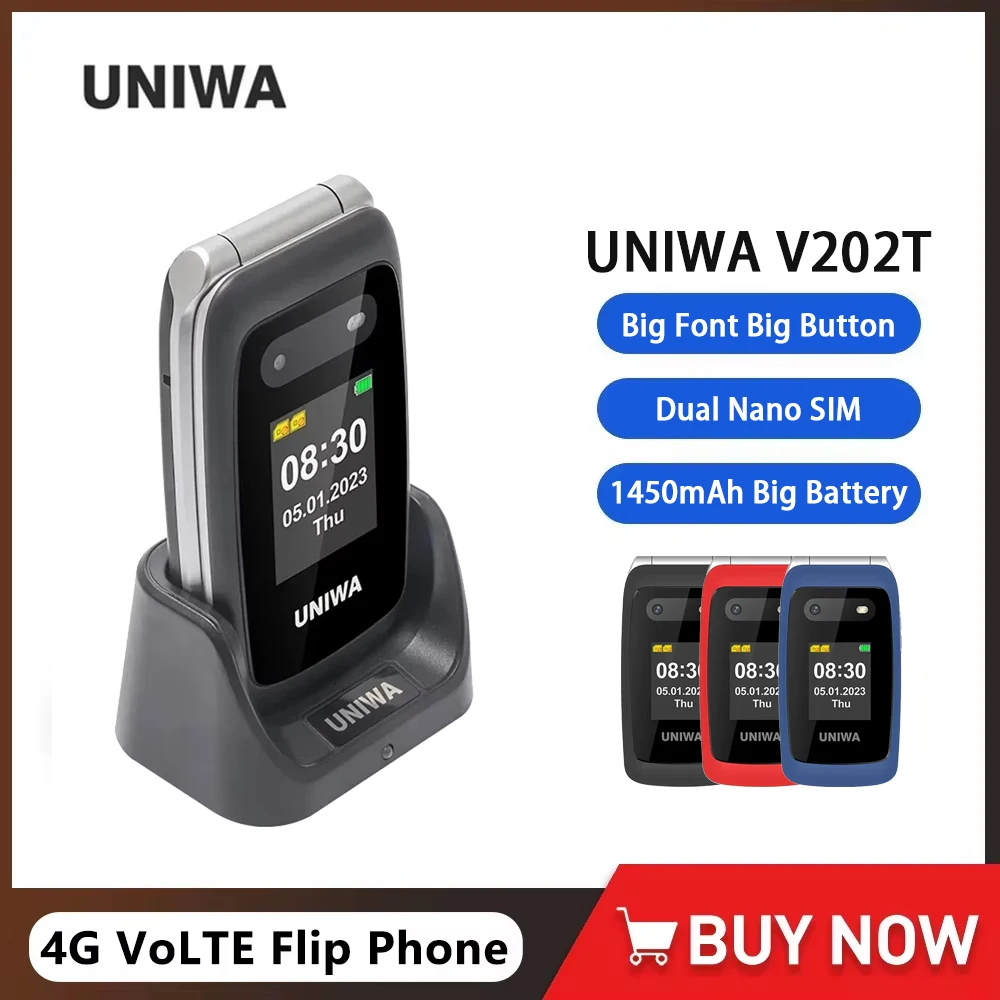 UNIWA V202T 4G VoLTE Flip Phone Dual Screen Feature Mobile Phone 0.3mp Camera 1450mAh FM Radio Telephone Russian Keyboard Global