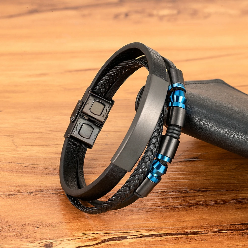 TYO الإبداعية المنسوجة يدويا جلد أسود الرجال سوار جلد 3 ألوان معدنية الفولاذ المقاوم للصدأ مشبك مجوهرات الإسورة هدية عيد ميلاد #3