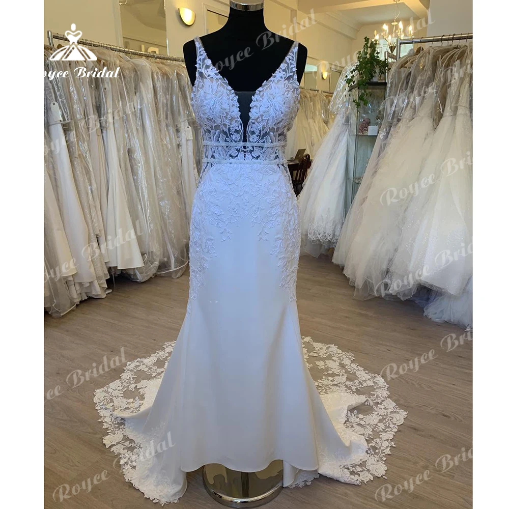 Roycebridal クレープサテンストラップマーメイドウェディングドレス V ネックレースアップリケビーズコートトレインカスタマイズローブマリーボエーム