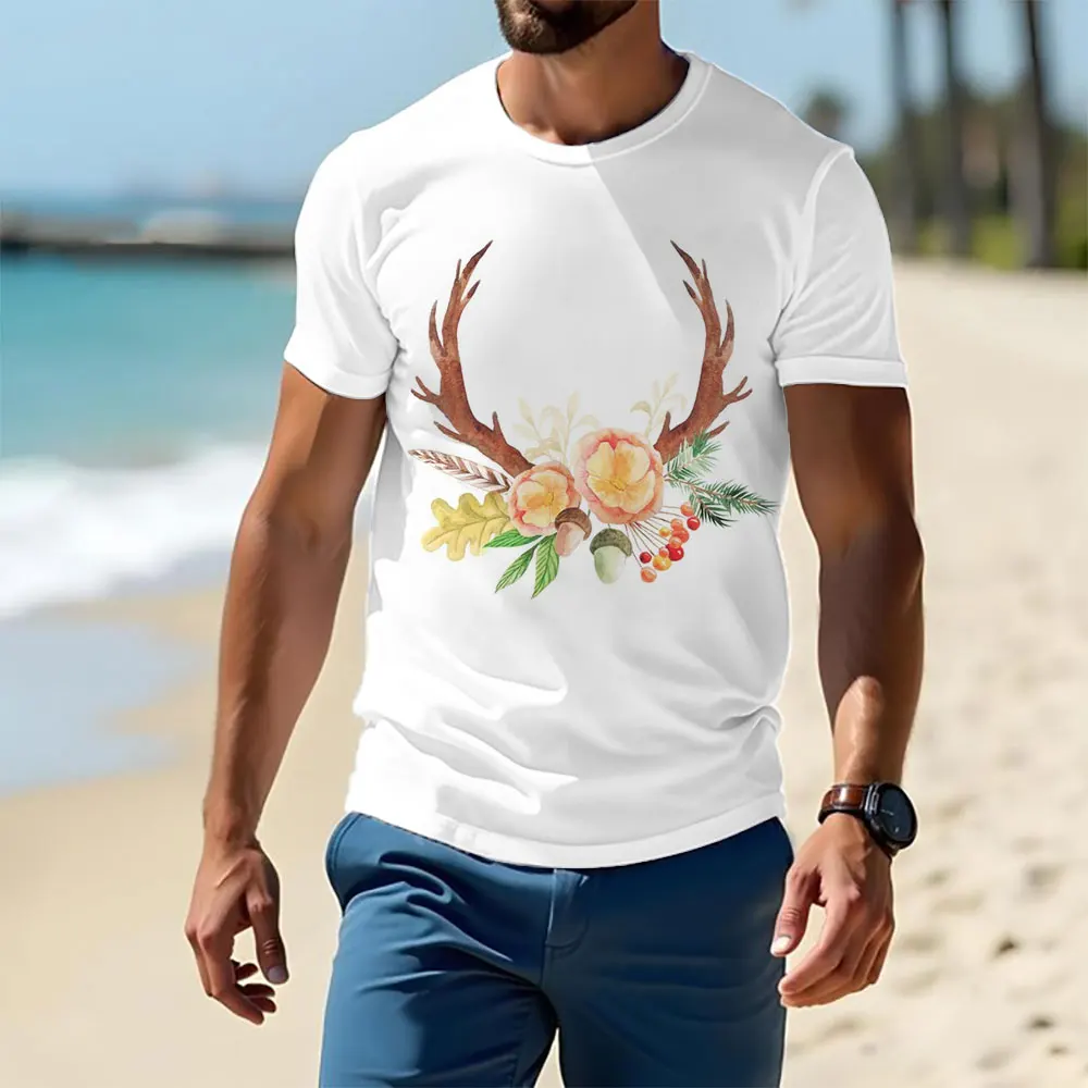 Fashion Loose White T-shirt, Soft Polyester Fabric, 3d Antlers Print, Street Casual O Neck Simple Short Sleeves, For All Seasons