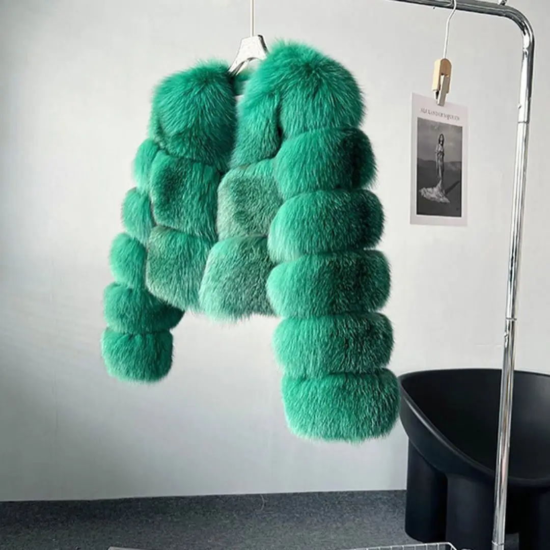 Short Green Natural Fox Fur Jacket Round Collar High Quality Women Winter Fashion Genuine Fox Fur Coat Full Pelt Fur Overcoats