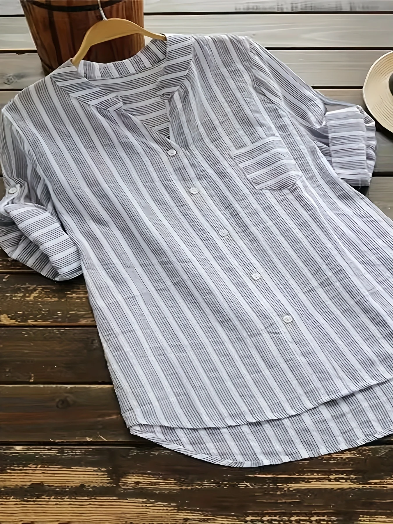 

plus Size Ladies Fashion Stripe Top Women's Versatile Long Sleeve Shirt with Pocket Casual Chic Outfit