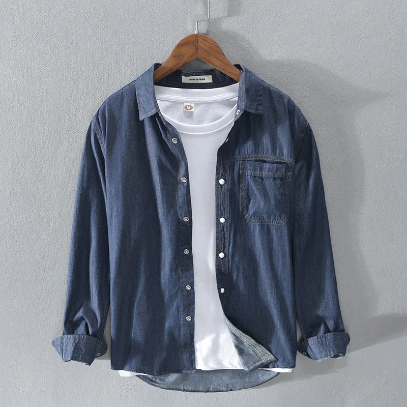 Men's long-sleeved solid denim shirt fashion brand Classic retro denim Pocket decoration Business shirt Spring and Autumn Tops