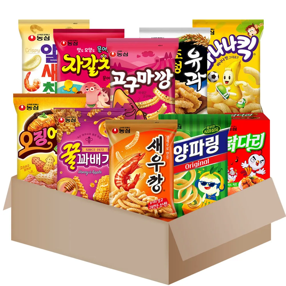 [AL0078]nongshim snack box 10 pcs{shrimp crakers+ honey twist + cuttlefish +oion rings+sweat potato + chochung u-gua + shrimp chips + chicken drumstick+ bananakick + tako chips}