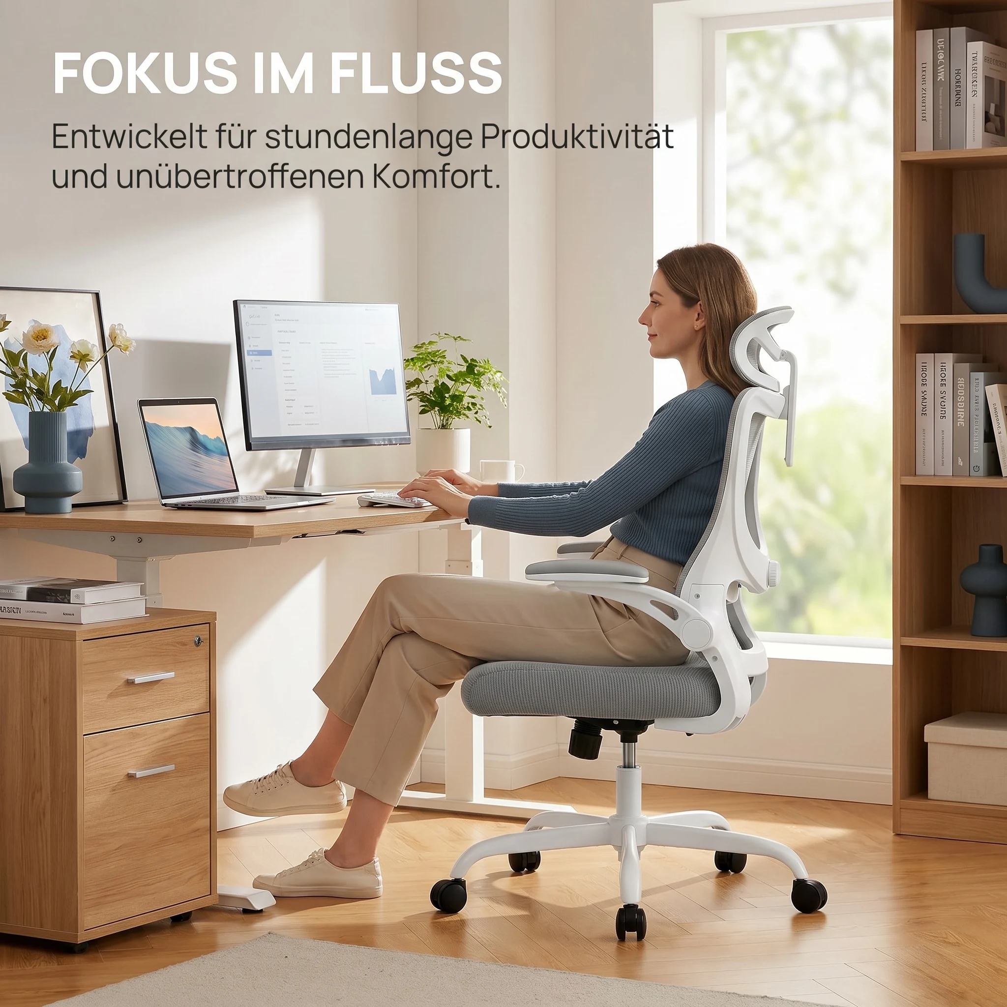Chaise de bureau ergonomique avec dossier en maille, appui-tête réglable, support lombaire et accoudoirs pliables ; chaise pivotante réglable en hauteur pour bureau à domicile et bureau
