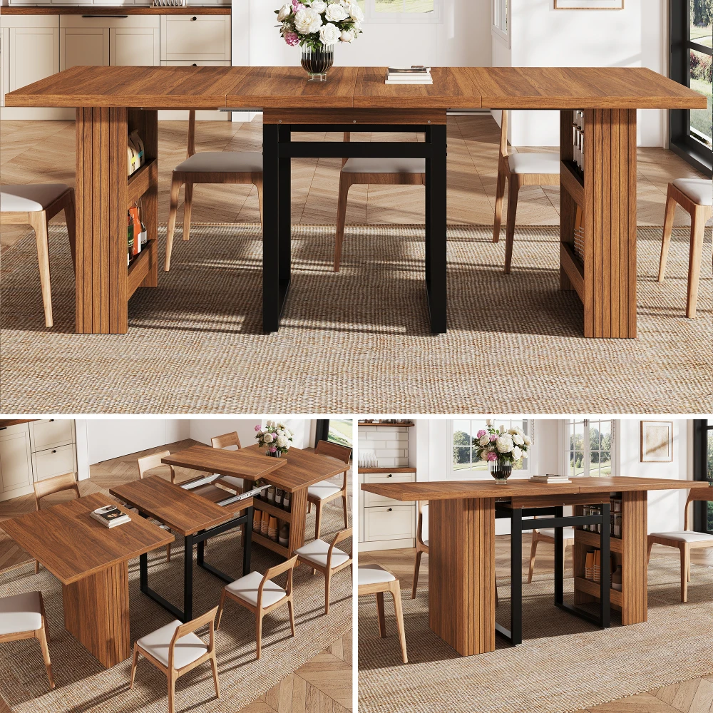 Mesa de Comedor Extensible 120/160/200 × 80 cm con Almacenamiento Incorporado, Mesa de Cocina Moderna con Patas Metálicas Estables, Mesa de Comedor Re