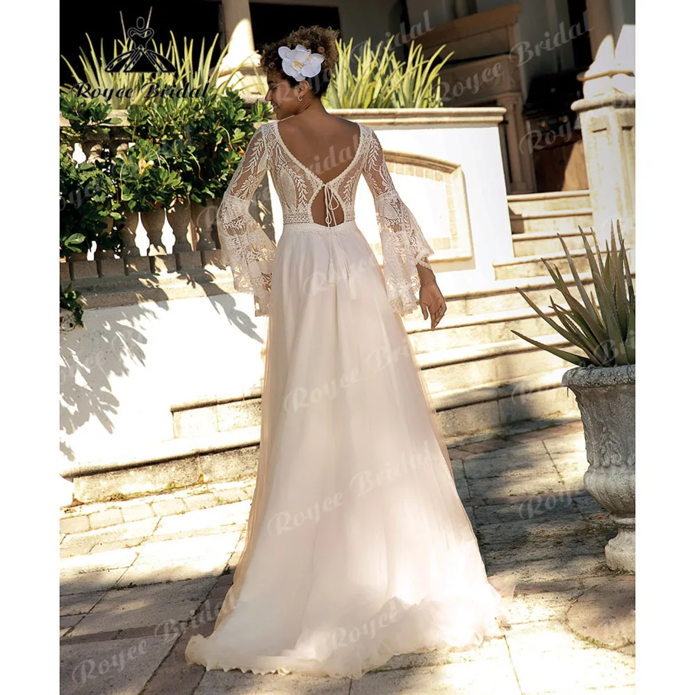 robe de mariee boheme Long Sleeve Lace Boho V Neck Wedding Dress for Bride 2024 Backless Women Beach Wedding Gown Custom Made