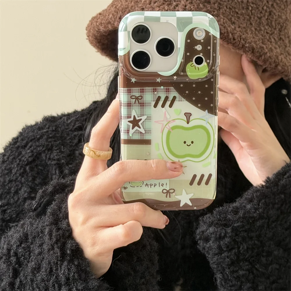 جديد إبداعي أخضر تفاح الربط بني مناسب IMD لهاتف iPhone 17 Pro Max/13/14/15/16 Pro Max حزمة كاملة إصدار مضاد للسقوط