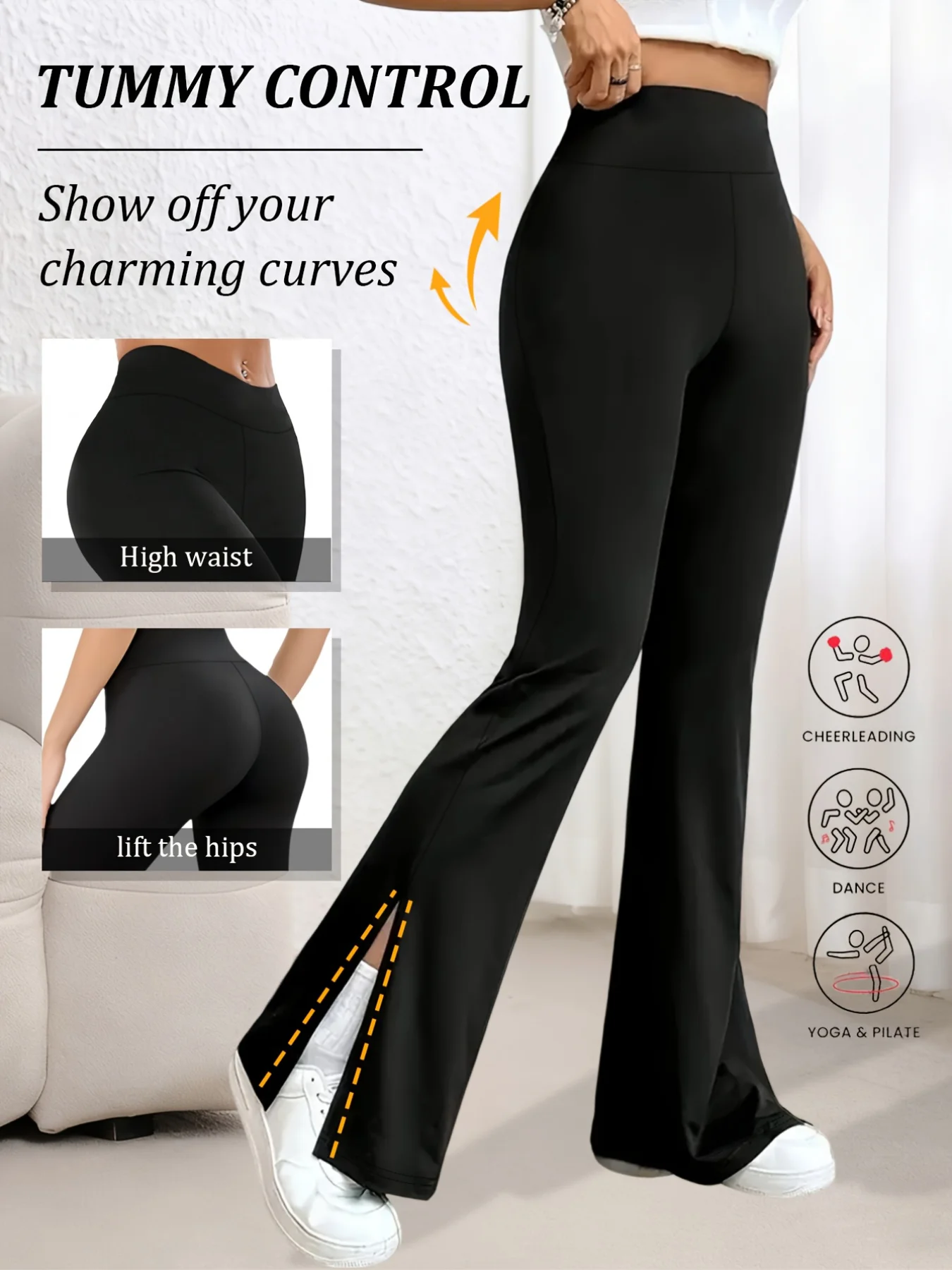 A Pair Of Women's Leggings, Thin For Summer, With Split Hem Design And High Waist Elasticity, Suitable For Sports Yoga