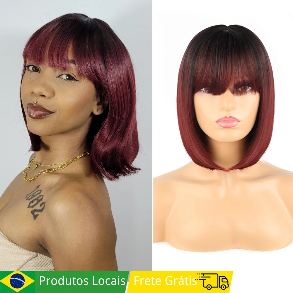 Peruca Wig Fibra Orgânica Premium Cabelo Natural Liso Full Machine Made Franja Reta Uso Diário "RAL"-MODA 30cm 155g+Lace Wig Cap