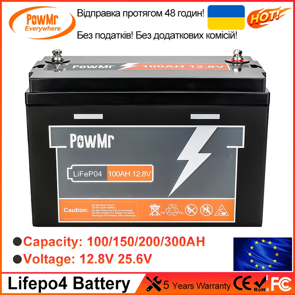 PowMr 100AH 150AH 200AH 300AH Lifepo4 Battery 12.8V 25.6V Support 4 Units in Series With BMS ≥ 4000+ Cycle Time IP65 EU USA