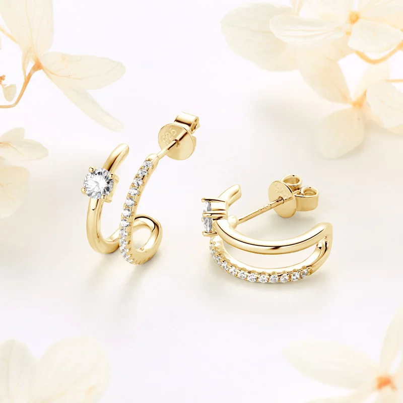 Anziw NEW 4mm Moissanite Piercing Stud Ear Cuffs 925 Sterling Silver Double Side Hoop Earrings for Women Illusion Jewelry Gifts