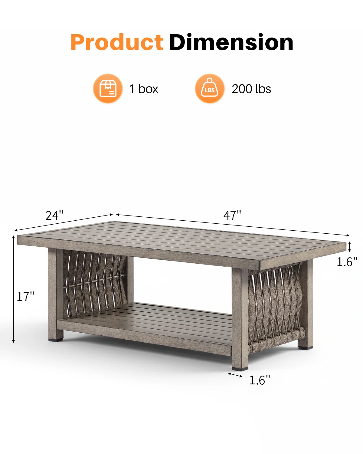 SeeHill Outdoor Coffee Table, Aluminum Rope Weave Patio Table, 2-Tier Weather-Resistant Rectangle Table, Gray Oak