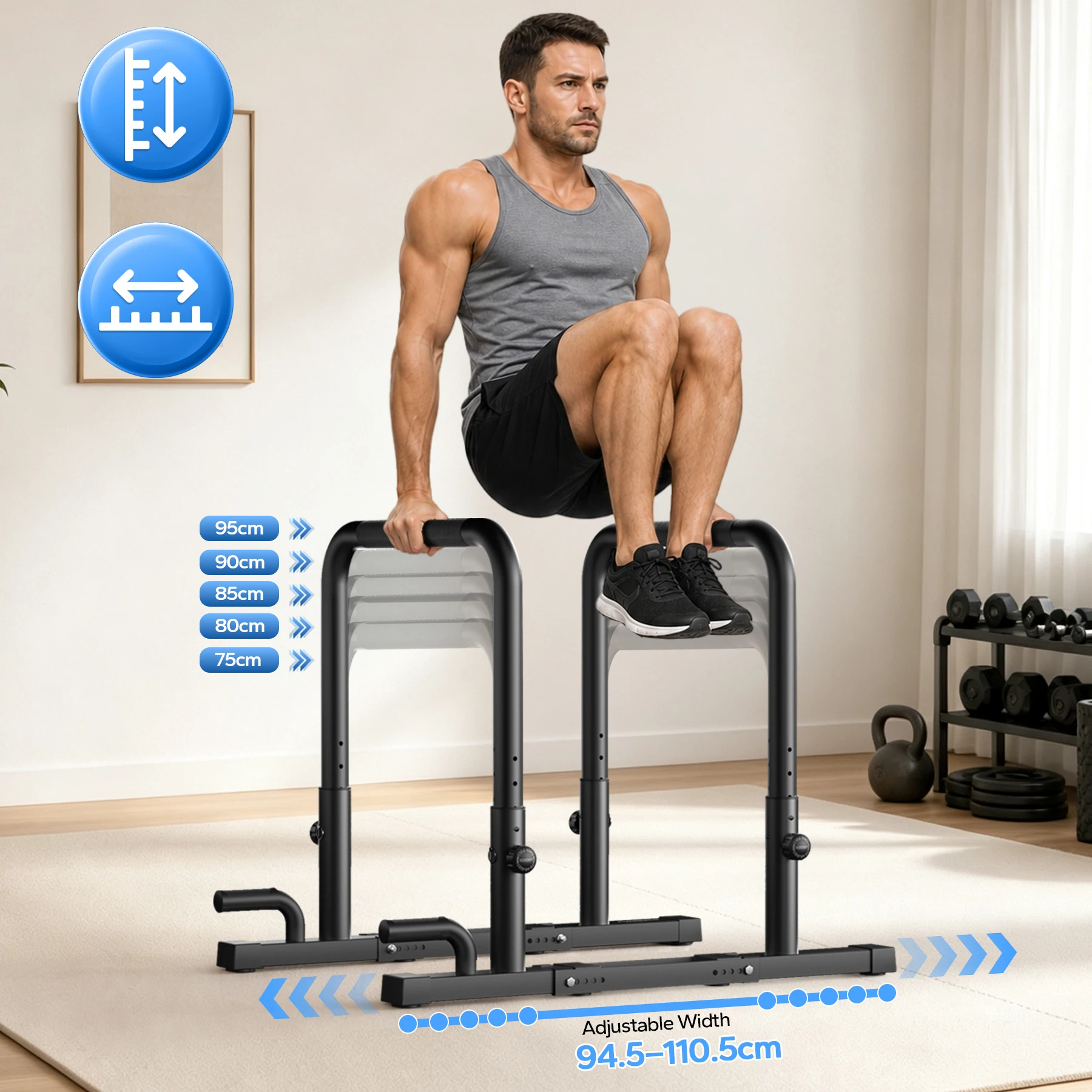 Barre parallele regolabili, capacità di carico di 180 kg, stazione per esercizi di immersione per l’allenamento a casa, barra multifunzione per esercizi con il proprio peso corporeo, dotata di base