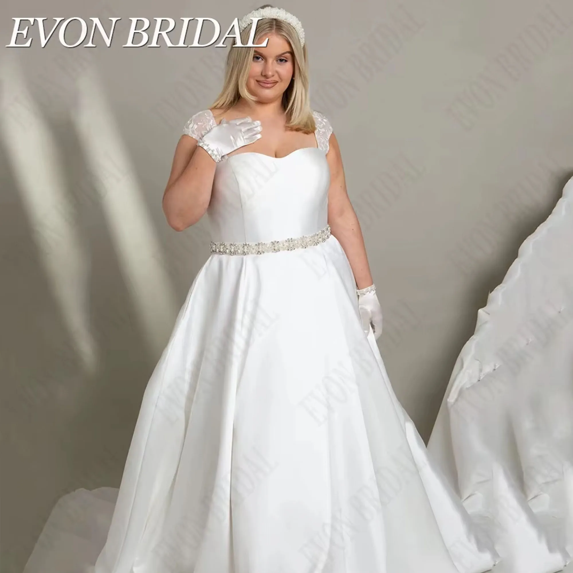 

Lace A-Line Wedding Dresses Beading Cap Sleeves Bride Gowns Satin Luxury Vestido de novia de gran tamaño EVON BRIDAL Customized