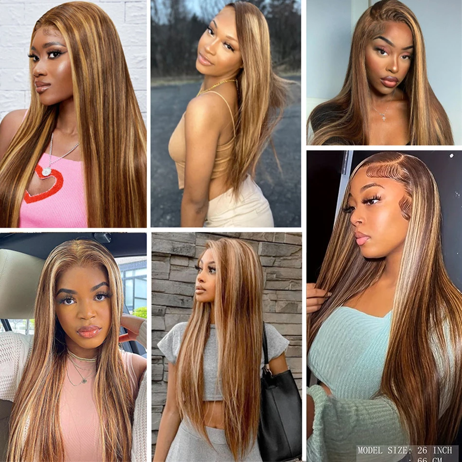 Evidenziare 4/27 parrucca anteriore in pizzo dritto capelli umani 13x4 HD parrucche frontali in pizzo trasparente per le donne parrucche colorate biondo miele