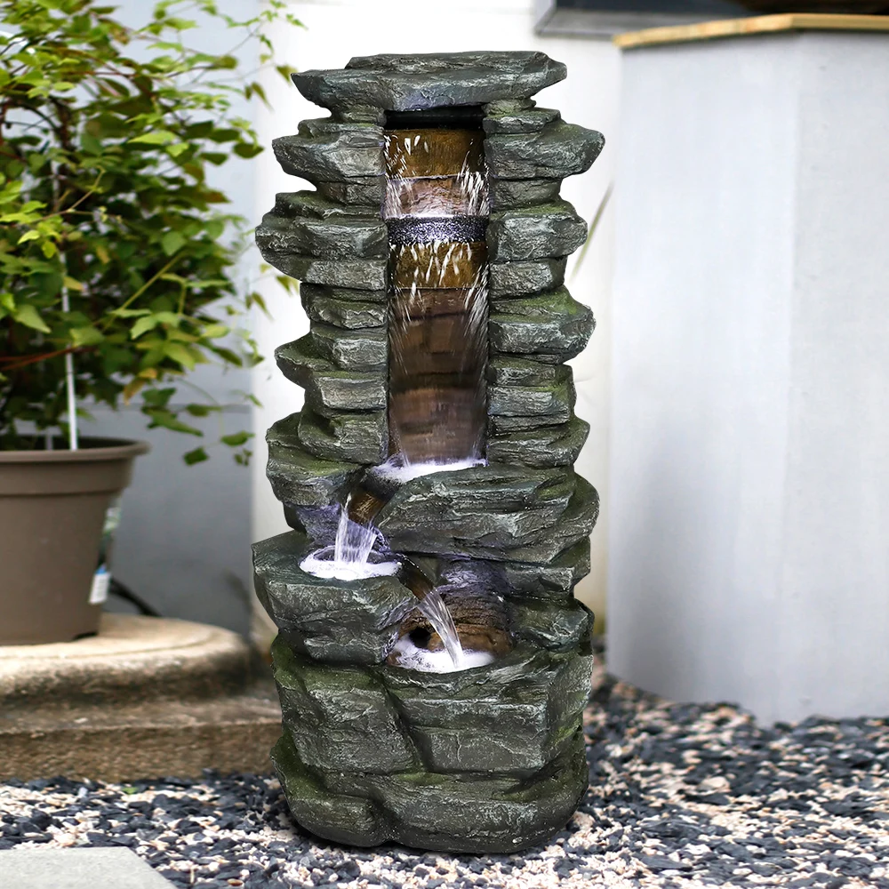 Rockery Shower Indoor and Outdoor Fountain - 31.4 ''H Garden Waterfall Fountain with LED Lights, Imitation Stone Resin Fountain