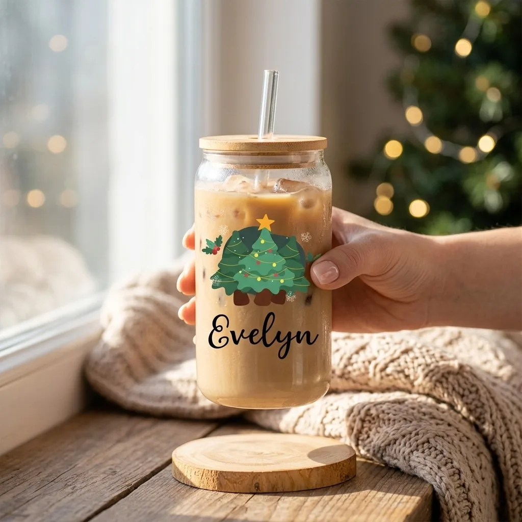 2026 New Personalized Christmas Tree Glass Cup Custom Name 16oz Beer Can Glass with Straw Bamboo Lid Holiday Party Drinkware.