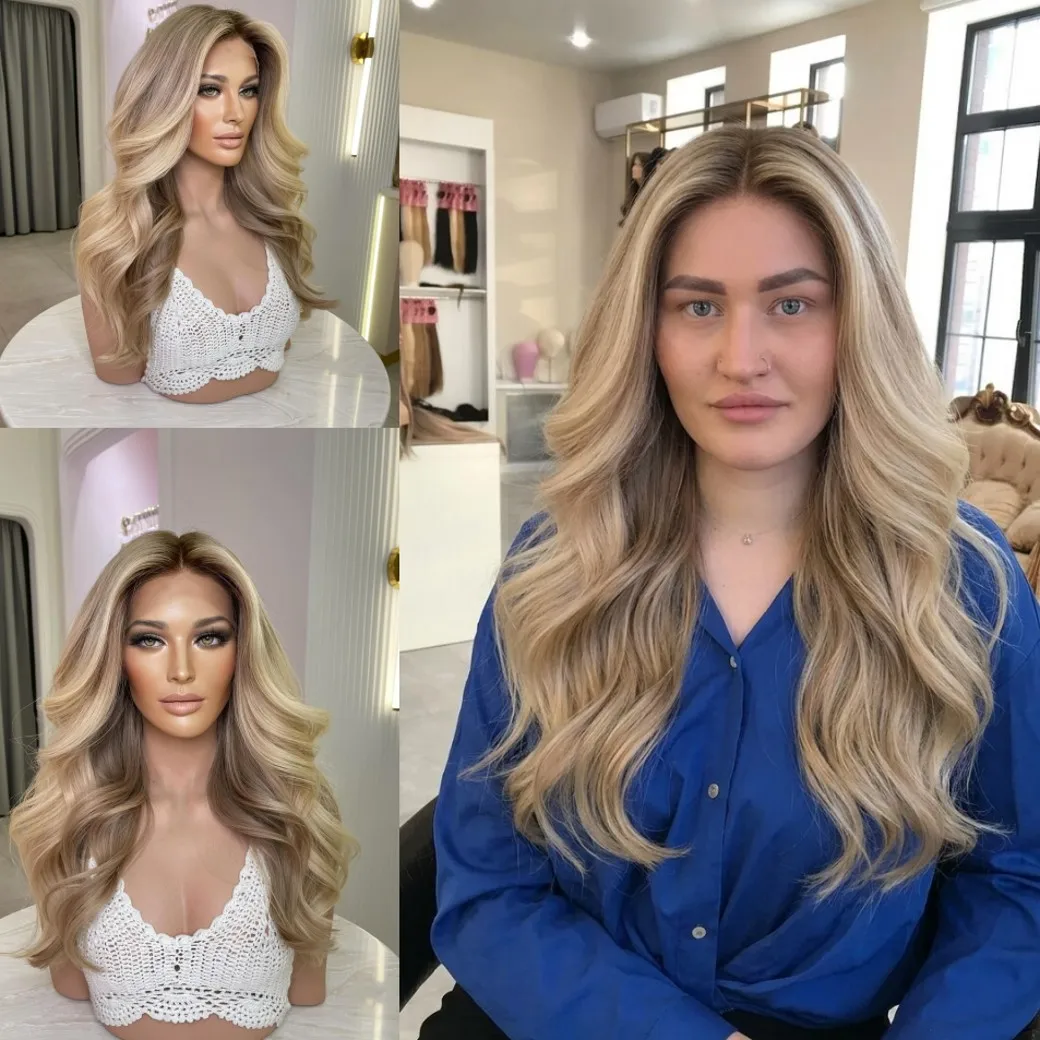 22 inch 13x4 Body Wave  Ombre Blonde Higlight Synthetic Lace Front Wig Cosplay Daily Party