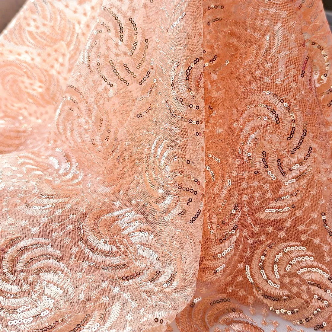 

5 Yards Peach Sequin African Lace Fabric 2026 French Tulle Mesh Wedding Lace Nigerian Style for AsoEbi