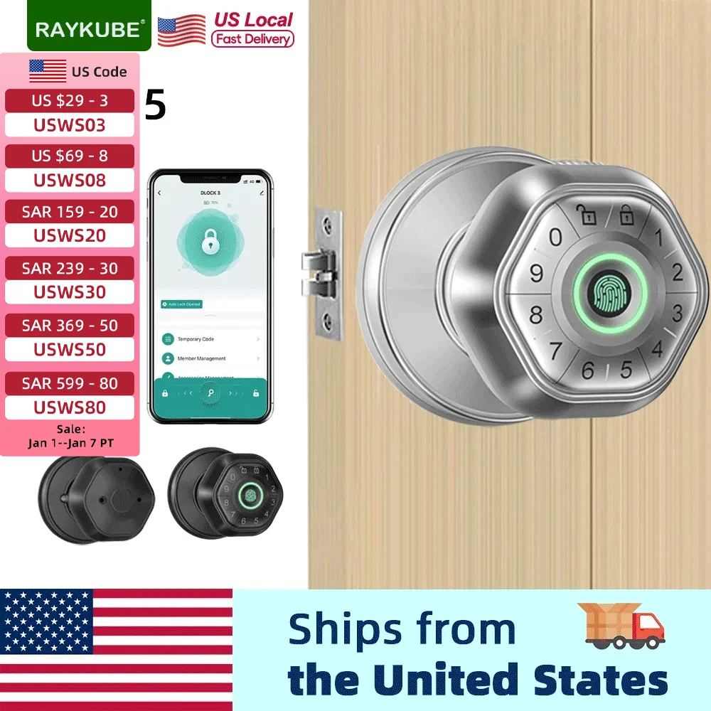 

RAYKUBE Q5 Tuya BLE Smart Fingerprint Door Lock Electronic Lock with Password/Key/Smartlife/Tuya APP Unlock For Bedroom From USA