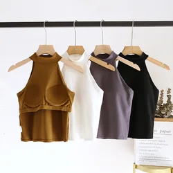 Women's Camisole Sleeveless Padded with Built Bust Sexy Halter Neck Solid Color Base Layer Top Slim Female Tank Undershirt C5715