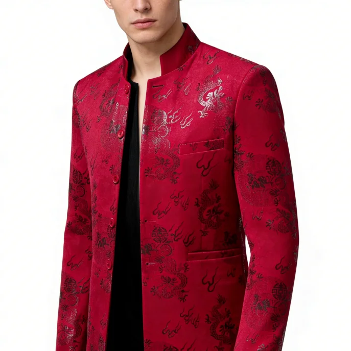 

Men's 2026 New Red Chinese Style Jacket Satin Fabric Dragon Auspicious Pattern Mandarin Collar Blazer for Wedding Festival Forma