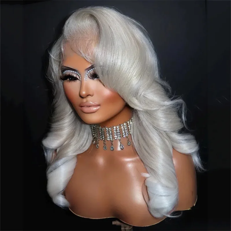Icy White Ashy Blonde Synthetic 13x4 Lace Front Wig Side Parting Premium High Quality Heat Safe 22 Inches Styled Pre Plucked