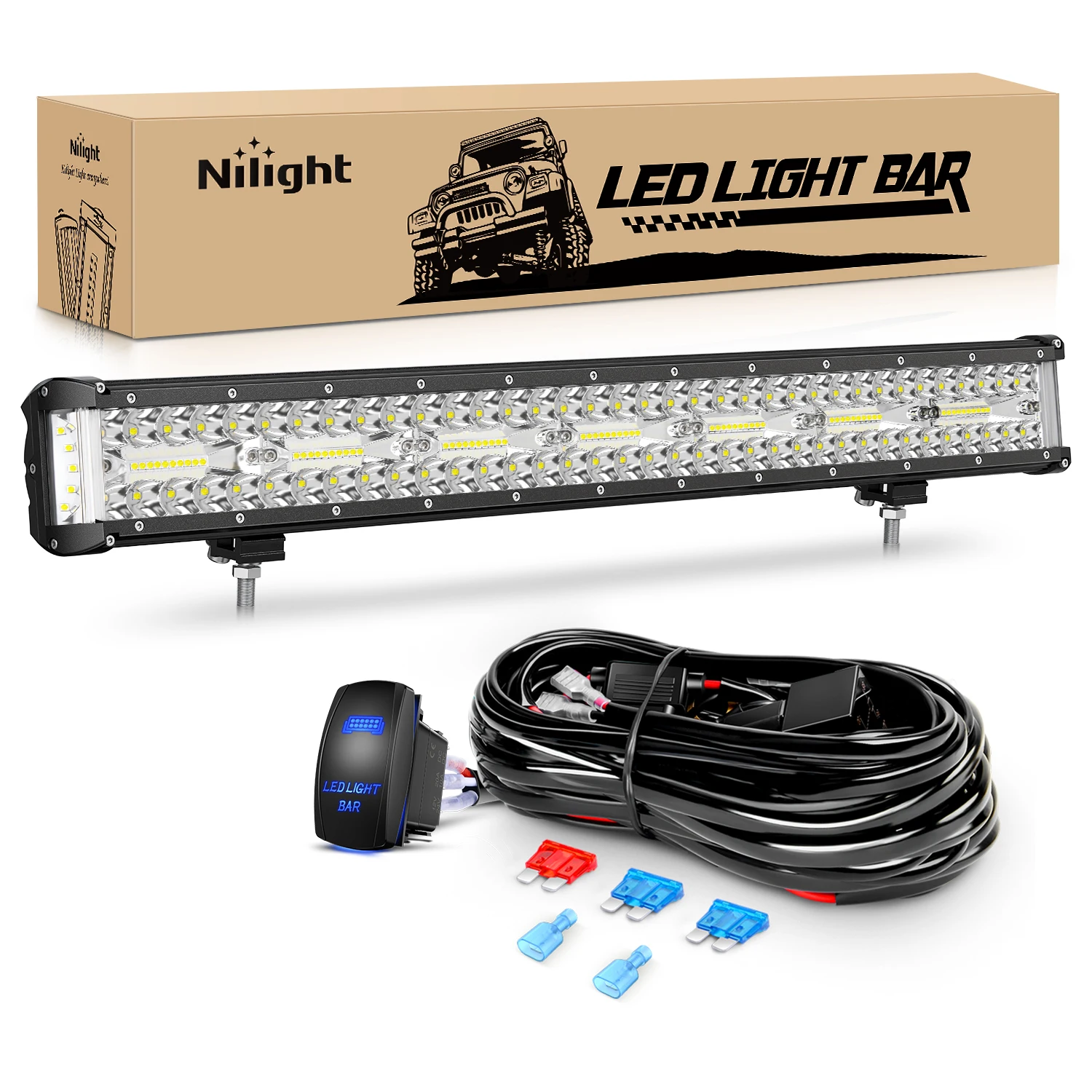Nilight Side Shooter LED Light Bar Triple Row Spot Flood Combo Lights Work Lighting with 5Pin Rocker Switch Wiring Harness Kit for Off-Road Light on Truck SUV ATV UTV 20Inch75w/22Inch 486w/13.5Inch 300w