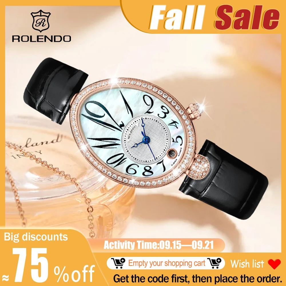 

ROLENDO Mother-of-Pearl & Diamond Automatic Watch for Women Oval Dial Sapphire Crystal Calendar display Leather Strap Waterproof
